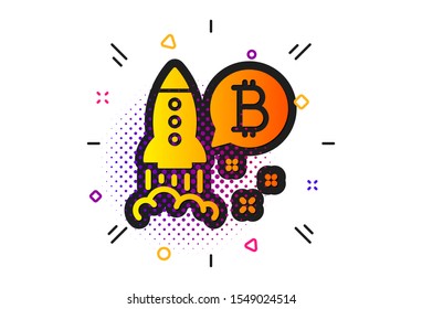 Cryptocurrency startup sign. Halftone circles pattern. Bitcoin icon. Crypto rocket symbol. Classic flat bitcoin project icon. Vector