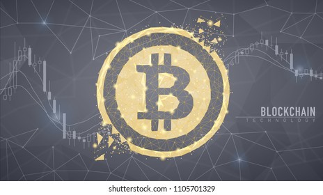 Cryptocurrency stock chart on futuristic hud background with blockchain polygon peer to peer lightning network. Global Bitcoin crypto business banner concept. Gray structure style vector illustration.