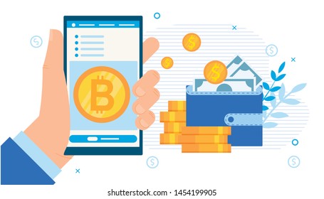 Cryptocurrency Stock Exchange Mobile Application Software. Male Hand Holding Phone with Bitcoin on Screen. Dollar Coins, Wallet with Cash. Mining Farm, Mobile Banking. Vector Flat Cartoon Illustration