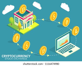 Cryptocurrency stock exchange process infographic. Vector isometric illustration. Buying, selling or exchanging cryptocurrencies for another digital currency or fiat money concept.