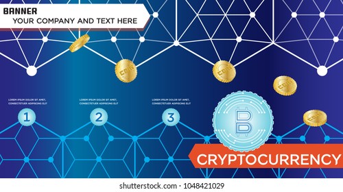 Cryptocurrency stock vector illustration for banner, design, presentation. digital currency. Golden coin with bitcoin symbol on the blue background.