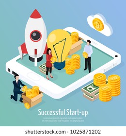 Cryptocurrency successful startup isometric composition on gradient background with creative idea, mobile device, investments, profit vector illustration