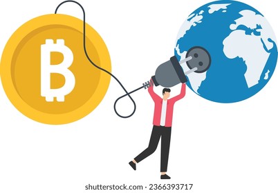 Cryptocurrency sustainability problem, bitcoin and crypto currency Mining energy consumption not environmentally friendly, Big bitcoin with an electric plug, Sucking energy from planet earth

