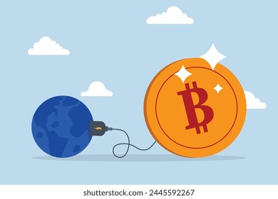 Cryptocurrency sustainability problem, large Bitcoin with electrical plug absorbs energy from the Earth.