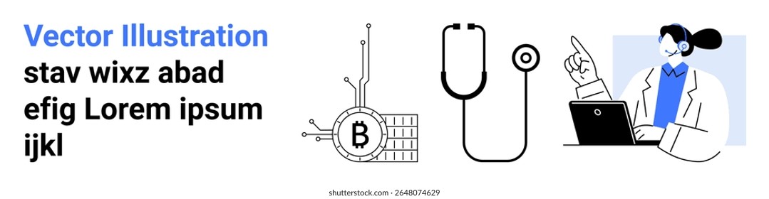 Símbolo de criptomoeda com circuito, estetoscópio, consulta on-line. Ideal para tecnologia, saúde, criptografia, finanças digitais, telemedicina, educação on-line, banners de site Página inicial