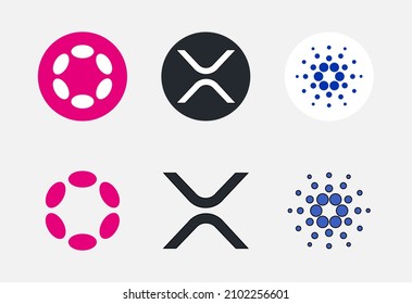 Símbolo criptodivisa, juego de monedas para logotipos criptomonetarios: Cardano, Polkadot end xrp