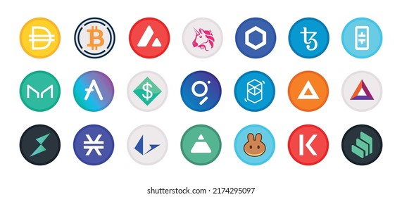 Cryptocurrency symbol, sign, set of vector coins for crypto currency logos. Flat DeFi crypto coins illustrations, isolated on white background. Digital crypto market, electronic money emblems.