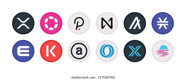 Cryptocurrency symbol, sign, set of vector coins for crypto currency logos. Flat XRP portfolio crypto coins illustrations, isolated on white background. Digital crypto market, electronic money emblems svg
