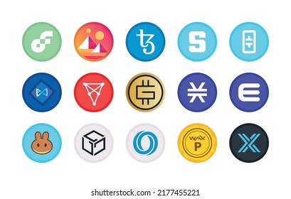 Símbolo de criptografía, signo, conjunto de monedas vectoriales para logotipos de moneda criptográfica. Iluminación de las monedas criptográficas de NFT plana, aisladas en fondo blanco. Mercado criptográfico digital, emblemas de dinero electrónico.