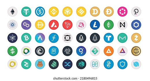 Cryptocurrency symbol, sign, set of vector coins for crypto currency logos. Flat BNB Chain Tokens crypto coins illustrations, isolated on white background. Digital crypto market, electronic money.