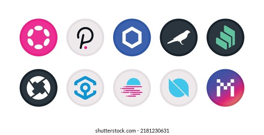 Cryptocurrency symbol, sign, set of vector coins for crypto currency logos. Flat Polkadot ecosystem tokens, vector crypto coins illustrations. Digital crypto market, electronic money emblems