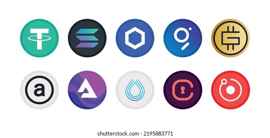 Cryptocurrency symbol, sign, set of vector coins for crypto currency logos. Flat Solana Ecosystem Tokens, vector crypto coins illustrations. Digital crypto market, electronic money emblems svg