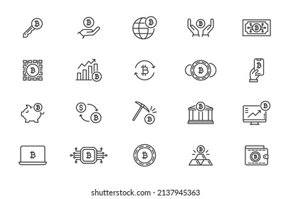 Icono de línea vectorial de símbolo de criptodivisa. Dinero de bitcoin de moneda criptográfica ganado transferencia de usd digital