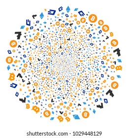 Cryptocurrency Symbols burst round cluster. Object pattern done from scattered cryptocurrency symbols icons as exploding round shape. Vector illustration style is flat iconic symbols.