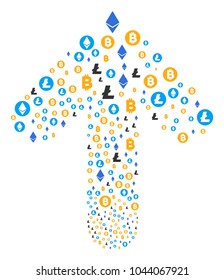 Cryptocurrency Symbols collage done in the combination of up movement arrow. Upwards path arrow collage combined from cryptocurrency symbols pictograms.