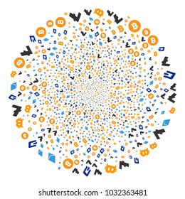 Cryptocurrency Symbols curl exploding globula. Object spiral created from scatter cryptocurrency symbols items. Vector illustration style is flat iconic symbols.