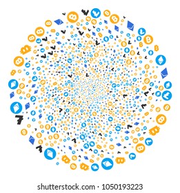 Cryptocurrency Symbols cycle motion. Element whirlpool created from random cryptocurrency symbols items. Vector illustration style is flat iconic symbols.