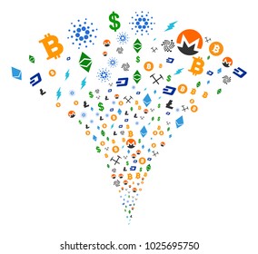 Cryptocurrency Symbols explosion fountain. Vector illustration style is flat iconic symbols. Object fountain made from random design elements as cryptocurrency symbols fireworks.