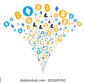 Cryptocurrency Symbols fireworks fountain. Vector illustration style is flat iconic symbols. Object fountain organized from random pictographs as cryptocurrency symbols fireworks.