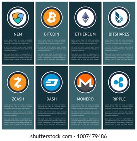 Cryptocurrency symbols on vertical promotional posters with sample texts on dark background. Digital money vector illustrations advertisement banner.
