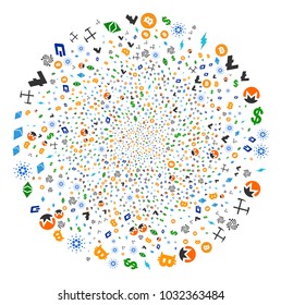 Cryptocurrency Symbols twirl cluster. Object spiral designed from random cryptocurrency symbols items. Vector illustration style is flat iconic symbols.