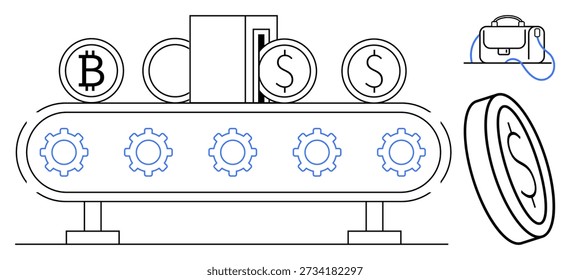 Sistemas de criptomonedas, finanzas digitales, producción monetaria, blockchain, innovación fintech, tecnología de pago. Símbolos de Bitcoin y signos de dólar colocados en un sistema transportador. Sistemas de criptomonedas
