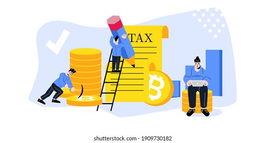 Cryptocurrency taxation concept. Paying taxes on bitcoin. Tax form, paperwork. People Filling tax form and Submit Digital tax via Website. Taxpayer Character Cartoon Vector illustration.