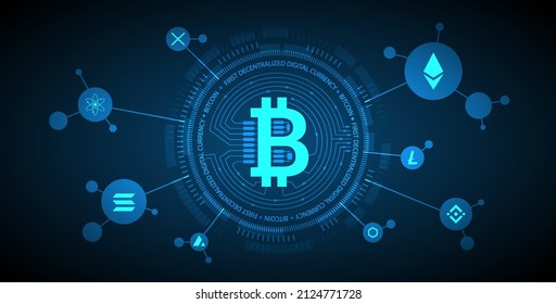 Cryptocurrency technology background. Bitcoin and altcoins vector illustration