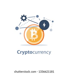 Cryptocurrency technology, bitcoin investment, financial innovations, digital money concept, vector illustration, flat icon