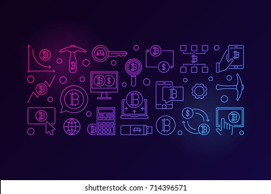 Cryptocurrency technology colorful banner. Vector bitcoin digital currency concept outline illustration on dark background