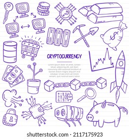 concepto de tecnología criptodivisa con estilo doodle para plantillas de banners, volantes, libros y portada de revista
