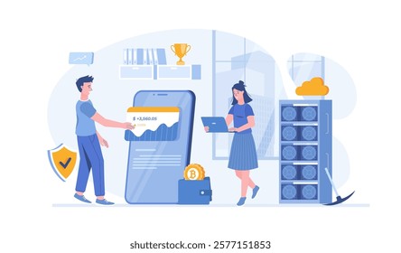 Cryptocurrency technology. Digital money investment, crypto coin mining, marketplace. Vector illustration with characters in flat design for web banner.	
