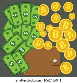Crypto-currency technology, financial transactions with a mobile phone and dollars in wallet, exchange of bitcoins