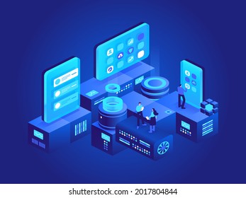 Cryptocurrency technology isometric concept. Farm for mining digital money. People working on crypto business. Marketing, development, financial tools. Vector character illustration in isometry design