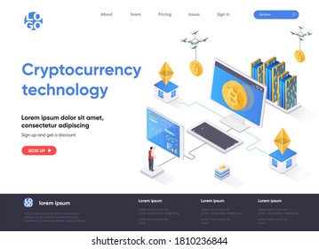 Cryptocurrency technology isometric landing page. Cryptography and blockchain fintech isometry concept. Cryptocurrency mining software flat web page. Vector illustration with people characters.
