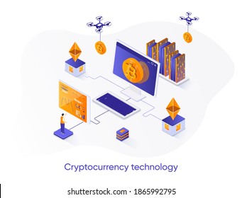 Cryptocurrency technology isometric web banner. Cryptography and blockchain fintech solution isometry concept. Cryptocurrency mining software 3d design. Vector illustration with people characters. - Shutterstock ID 1865992795