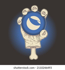 Cryptocurrency Terra LUNA Holder, Hand Holding Coin Vector Illustration.	