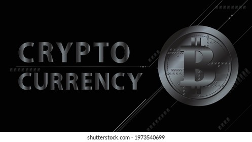 Cryptocurrency text metallic word art on technology futuristic background with bitcoin symbol for crypto blockchain digital market concept
