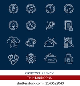 Cryptocurrency thin line icons set on dark background