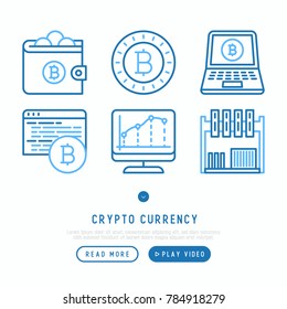 Cryptocurrency thin line icons set: mining farm, bitcoin, exchange, wallet, online banking, coin, payment. Modern vector illustration, web page template.