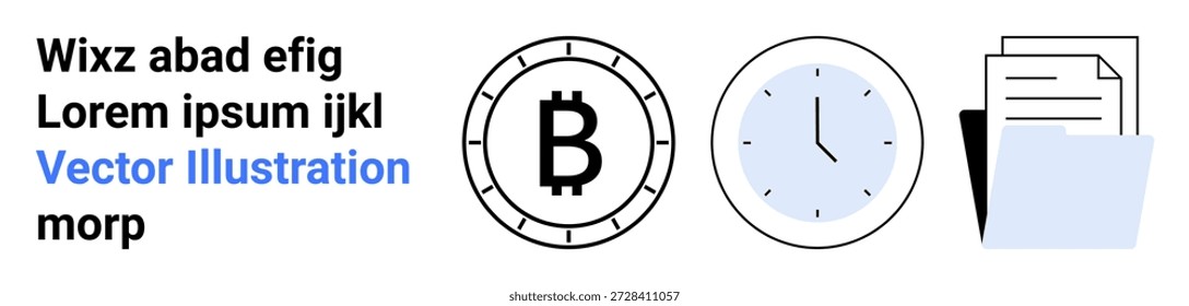 Criptomonedas, seguimiento de tiempo, gestión de archivos, tecnología financiera, activos digitales, herramientas de productividad. Iconos minimalistas de Bitcoin, un reloj y una carpeta con documentos. Criptomoneda y tiempo