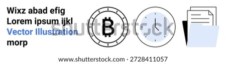 Cryptocurrency, time tracking, file management, financial technology, digital assets, productivity tools. Minimalistic icons of Bitcoin, a clock and folder with documents. Cryptocurrency and time