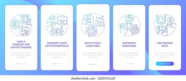 Cryptocurrency tips blue gradient onboarding mobile app screen. Making money walkthrough 5 steps graphic instructions with linear concepts. UI, UX, GUI template. Myriad Pro-Bold, Regular fonts used