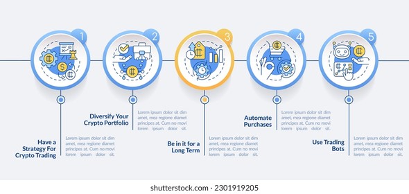 Cryptocurrency tips circle infographic template. Making money. Data visualization with 5 steps. Editable timeline info chart. Workflow layout with line icons. Lato-Bold, Regular fonts used