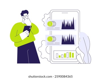 Cryptocurrency token abstract concept vector illustration. Man with smartphone analyzing cryptocurrency token, exchange app on the screen, modern blockchain technology abstract metaphor.