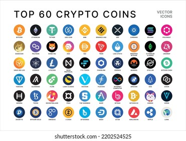 Cryptocurrency Token Logo Icon Set. Collection of Cryptocurrency Vector Icons. Trending 60 Crypto Coins. Top Crypto tokens including Bitcoin, Ethereum, Dogecoin, Tether, Cardano, Solana, XRP and more.