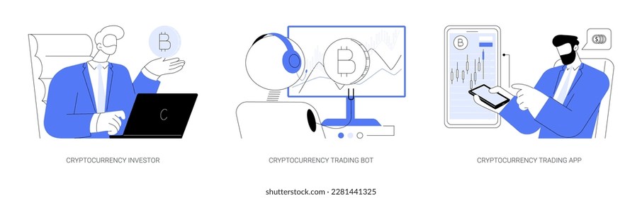 Cryptocurrency trade abstract concept vector illustration set. Cryptocurrency investor, trading bot, crypto exchange app, CFD account, coins growth, blockchain technology abstract metaphor.