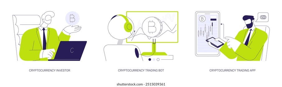 Conjunto de Ilustración vectorial de concepto abstracto de comercio de criptomonedas. Inversor de criptomonedas, bot comercial, App de intercambio de criptomonedas, Cuenta de CFD, crecimiento de monedas, metáfora abstracta de la tecnología blockchain.