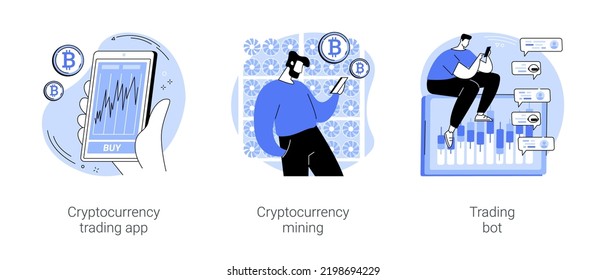 Cryptocurrency trade isolated cartoon vector illustrations set. Person using crypto exchange app, cryptocurrency mining, blockchain ledger, automated trading system, robo-adviser vector cartoon.