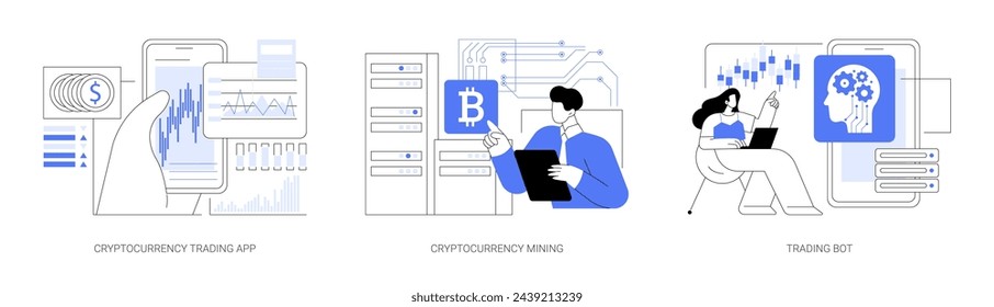 Cryptocurrency trade isolated cartoon vector illustrations set. Person using crypto exchange app, cryptocurrency mining, blockchain ledger, automated trading system, robo-adviser vector cartoon.